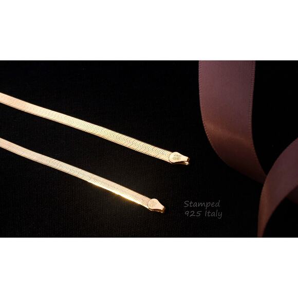 Mens Gold Herringbone Necklace, Flat Snake 18K Gold Dipped 925 Sterling Silver - Picture 5 of 9